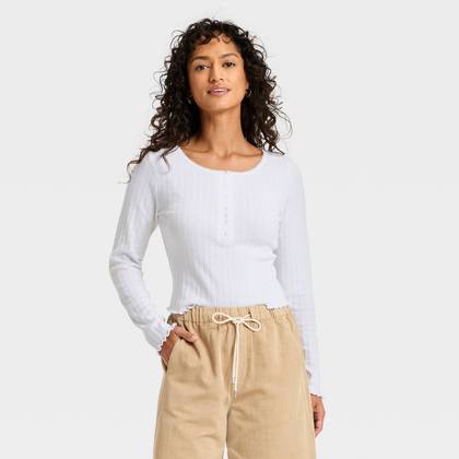 Women's Long Sleeve Pointelle Henley Shirt - Universal Thread™ White XL