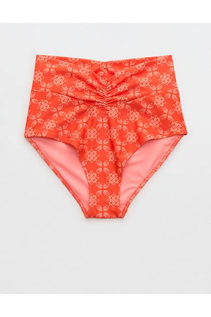 Aerie Ruched High Waisted Full Coverage Bikini Bottom Orange Flare