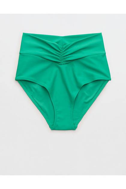 Aerie Ruched High Waisted Full Coverage Bikini Bottom Deep Forest