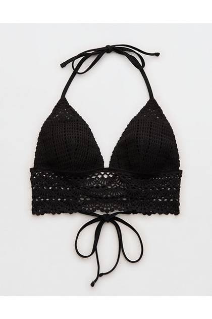 Aerie Longline Crochet Triangle Bikini Top True Black