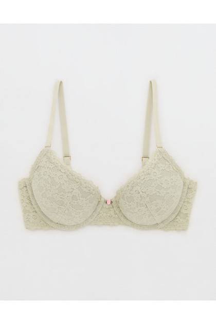 Show Off Vintage Lace Plunge Push Up Bra Green Sheen