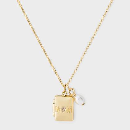 14k Gold Dipped Cubic Zirconia "Mom" Heart & Glass Pearl Locket Necklace - Gold