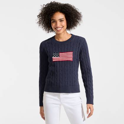Lands' End Women's American Flag Drifter Cable Sweater - Large - Flag/Faded Navy