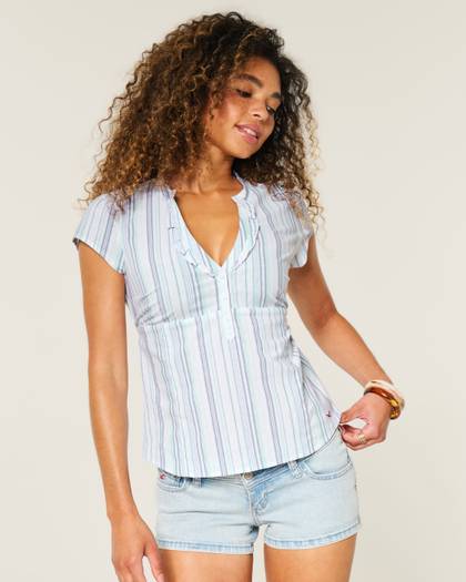 Short-Sleeve Ruffle Henley Shirt