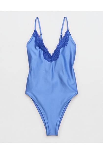 Aerie Shine Lace Plunge One Piece Swimsuit Laundry Blue