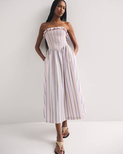 A&F Sydney Smocked Strapless Dipped-Waist Midi Dress
