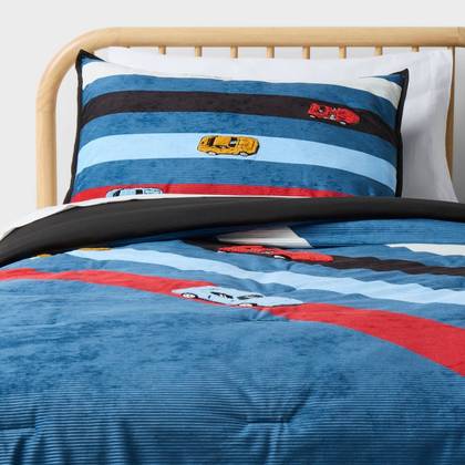 Twin Hot Wheels Classic Track Corduroy Kids' Comforter Set Blue - Hot Wheels by Pillowfort™