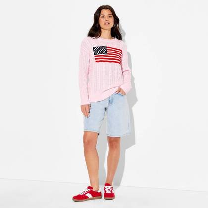 Women's Crewneck American Flag Pullover Sweater - Wild Fable™ Light Pink Flags XXS