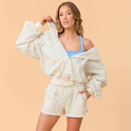 Blogilates Women's Mommy & Me Marshmallow Full Zip Hooded Sweatshirt - White Floral Print S