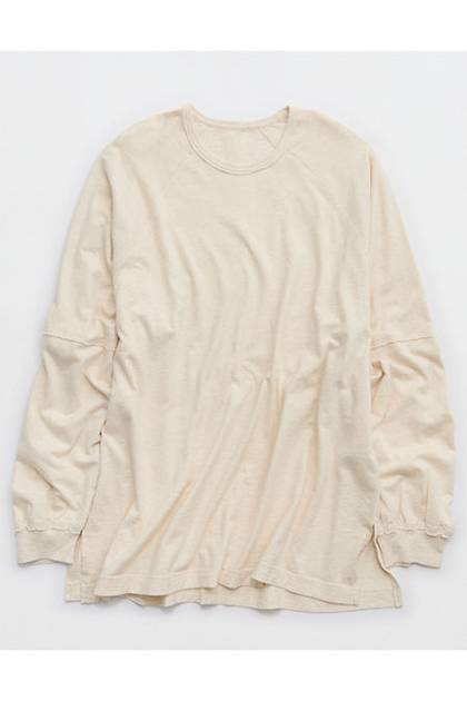 Aerie Cozy Long Sleeve Oversized Boyfriend T-Shirt Heather Frost