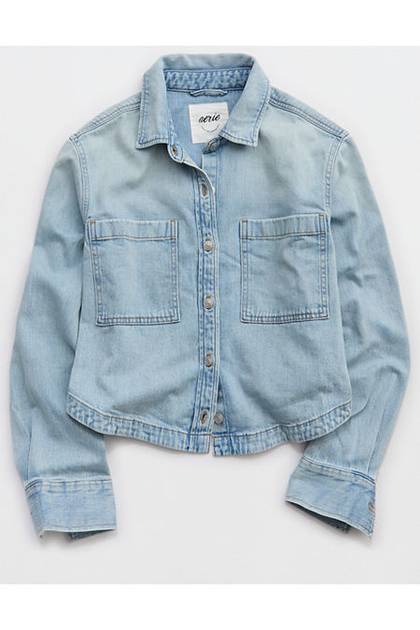 Aerie Cropped Buttondown Shirt Light Wash