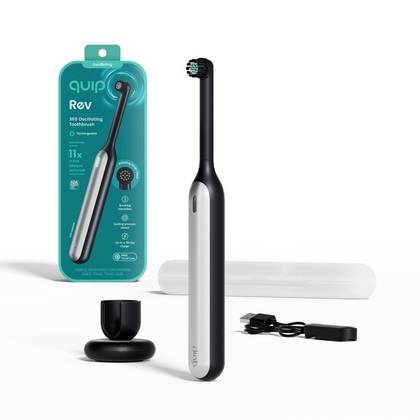 quip Rev Oscillating Rechargeable Electric Toothbrush with Timer Replaceable Head Multiple Modes and Travel Case - Black/Silver