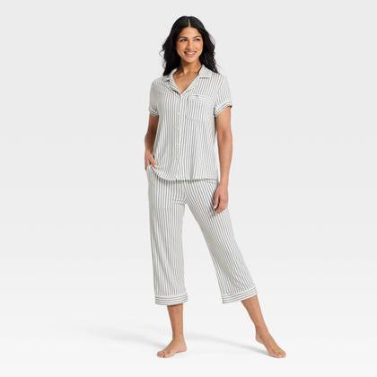 Women's Cloud Knit Modal Short Sleeve Notch Collar Top and Capri Pants Pajama Set - Auden™ Olive Striped XL