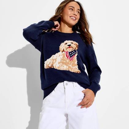 Women's Americana Dog Long Sleeve Graphic Pullover Sweater- Blue M