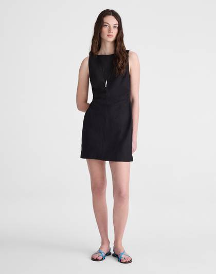 Boatneck Shirred Mini Dress in 100% Linen