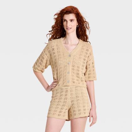Women's Short Sleeve Cardigan Sweater - Universal Thread™ Tan L