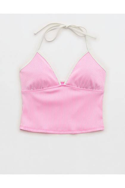 Aerie Ribbed Halter Tankini Pink Punch