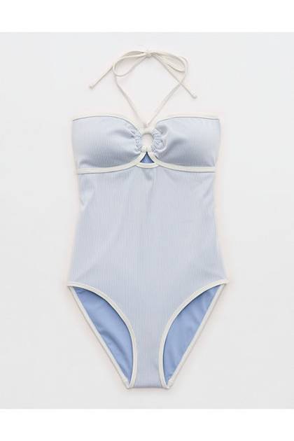 Aerie Ribbed Bandeau Halter One Piece Swimsuit Monaco Blue
