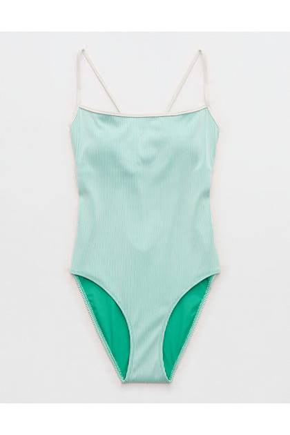 Aerie Ribbed Scoop One Piece Swimsuit Leaf Green