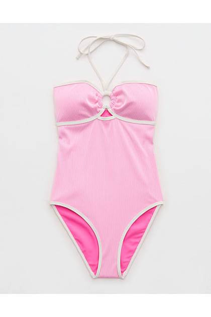 Aerie Ribbed Bandeau Halter One Piece Swimsuit Pink Punch