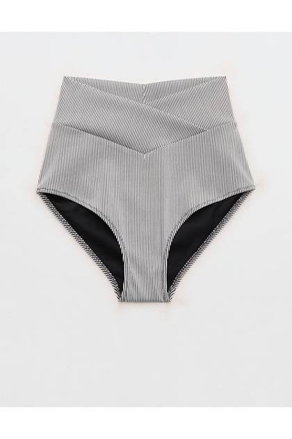 Aerie Ribbed High Waisted Full Coverage Crossover Bikini Bottom True Black