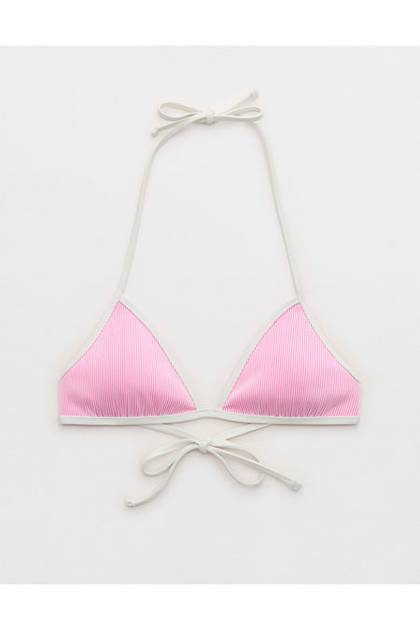 Aerie Ribbed Halter Triangle Bikini Top Pink Punch