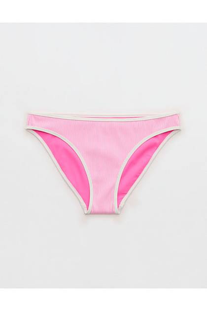 Aerie Ribbed Full Coverage Classic Bikini Bottom Pink Punch