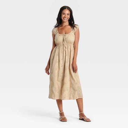 Women's Cap Sleeve Eyelet Midi Sundress - Universal Thread™ Tan XS