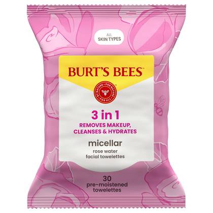Burt's Bees Facial Cleansing Towelettes Micellar Makeup Remover Wipes - Rose - 30ct: Paraben-Free, Sensitive Skin