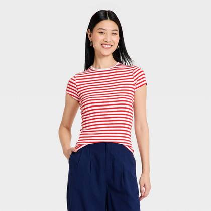 Women's Modern Ribbed T-Shirt - A New Day™ Red/White Striped S