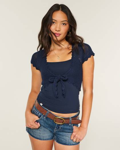 Open-Stitch Tie Front Shrug
