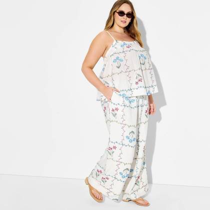 Women's Embroidered Wide Leg Pull-On Pants - Wild Fable™ White XXS