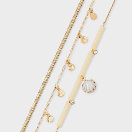 Dangle Chain and Beaded Shell Anklet 3pc Set - A New Day™ Gold