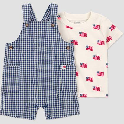 Carter's Just One You® Baby Boys' USA Flag 4th of July Gingham Overalls Set - Navy Blue/Ivory/Red 3M