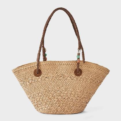 Hand Woven Straw Bead Strap Fan Tote Bag - A New Day™ Natural