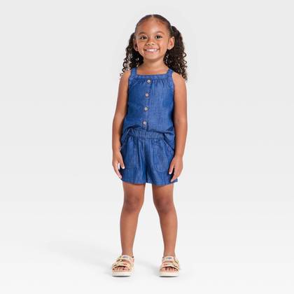 Baby Girls' 2pc Denim Woven Tank Top and Shorts Set - Cat & Jack™ Medium Wash 12M