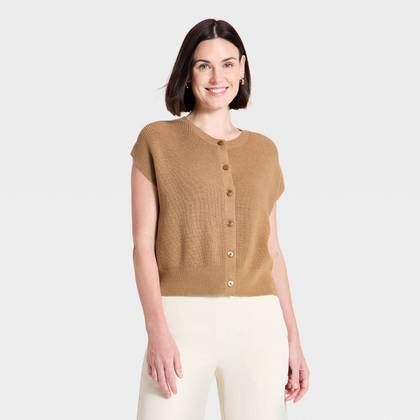 Women's Crewneck Cap Sleeve Button-Front Sweater Vest - A New Day™ Light Brown XS