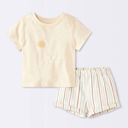 Baby Boys' 2pc Sailboat Graphic Short Sleeve T-Shirt and Shorts Set - Cloud Island™ Beige Newborn
