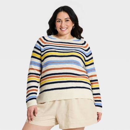 Women's Long Sleeve Crewneck Beach Pullover Sweater - Ava & Viv™ Nautical Striped XXL