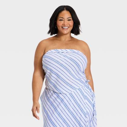 Women's Linen Tie Back Tube Top - A New Day™ Blue 1X