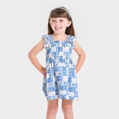 Baby Girls' 4th of July Flutter Sleeve Checkerboard Dress - Cat & Jack™ Blue/Cream 12M