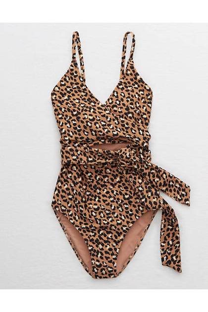 Aerie Leopard Full Coverage One Piece Swimsuit Raw Sienna