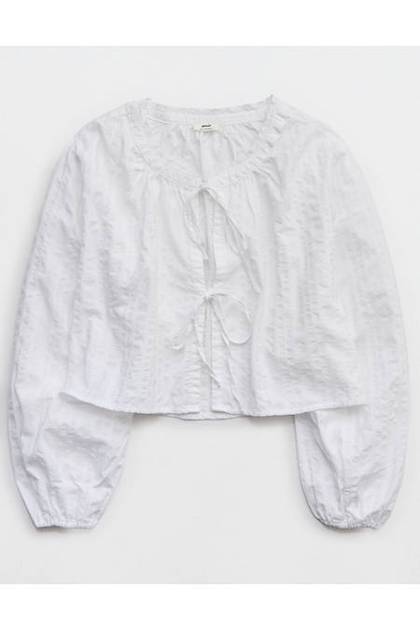 OVERSLEPT by Aerie Seersucker Long Sleeve Volume Tie Top White