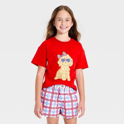 Girls' 4th of July Dog with Glasses Oversized Short Sleeve Graphic T-Shirt - Red M