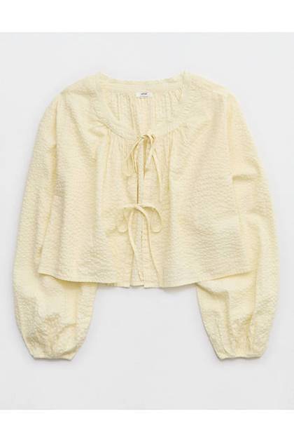 OVERSLEPT by Aerie Seersucker Long Sleeve Volume Tie Top Cozy Yellow