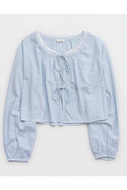 Aerie Seersucker Long Sleeve Volume Tie Top Monaco Blue