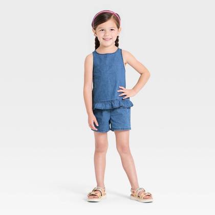 Baby Girls' 4th of July 2pc Tank Top and Shorts Set - Cat & Jack™ Medium Wash 12M