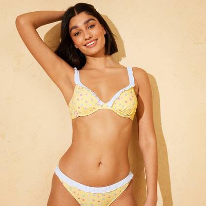 Demetra Dias with Wild Fable Women's Floral Print and Gingham Ruffle Underwire Bikini Top - Yellow XXS