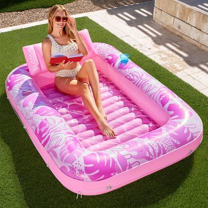Joyfy Pool Floats Inflatable Pool Tanning Adults Floats Bed Tanning with Pillow Drink Holders Tanning Pool for Adult Pool Party 70" - Pink
