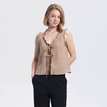 Women's Tie-Front Crinkle Gauze Top - A New Day™ Brown XS
